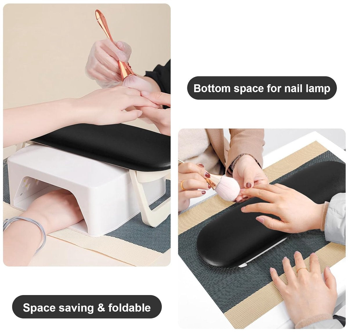Nail Armrest - foldable - Nail Stylist Armrest - PU leather nail hand rest - with table mat - for nail technology - Nail Cushion - nail hand cushion for manicure salon use - Manicure pads - Manicure Cushion - Nail armrest cushion - Black