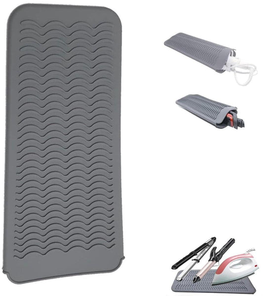 Grey silicone heat-resistant mat with pouch and ridged surface for hair styling tools