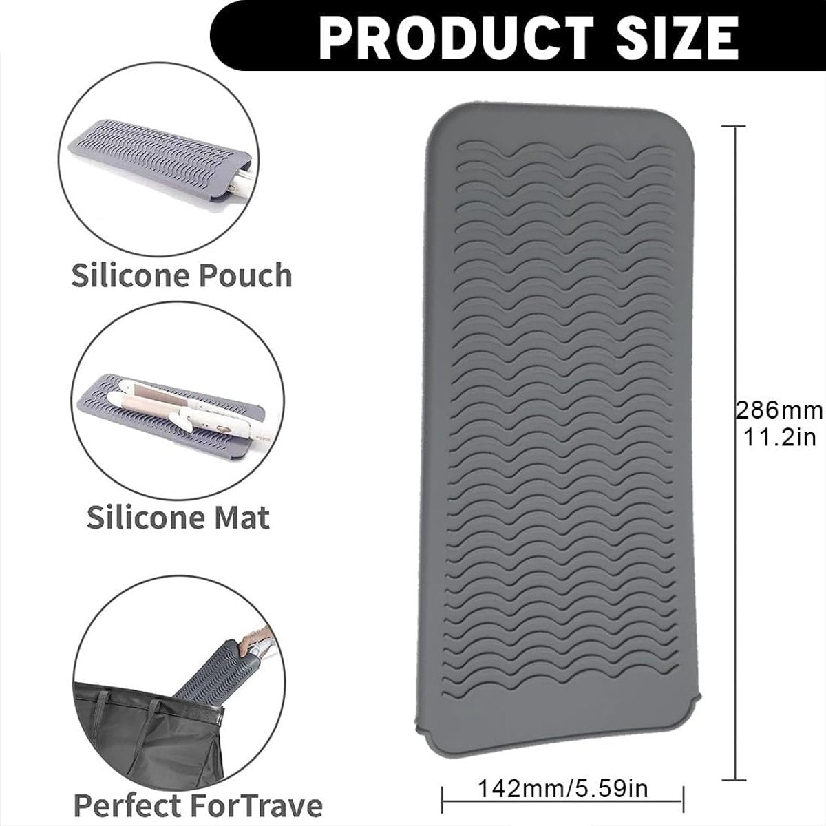 Heat-resistant mat - Heat-resistant pads - Heat mat - Silicone case - - Silicone protective pads - Curling iron mat - Straightener mat - storage bag - storage pouch - for curling irons, straighteners, and hair styling tools - 286*142*9mm - grey