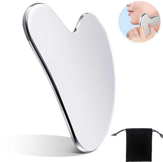 Silver stainless steel gua sha facial massager with smooth heart-shaped edge