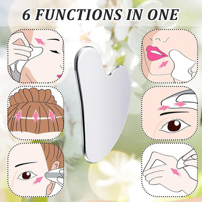 85*55mm - Stainless Steel Gua Sha Facial Instruments - Lymphatic Drainage Massage - Gua Sha for the Face - Metal Gua Sha - Skin Self-Care - Facial Sculpting Gua Sha - for the Body, Eyes, Jawline Shaper - with Dust Bag - Silver