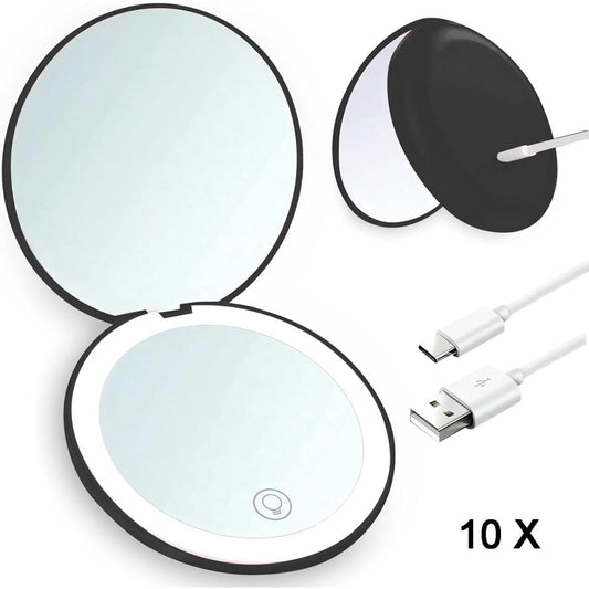 Black illuminated compact mirror with hinged cover, shown open and charging cable
