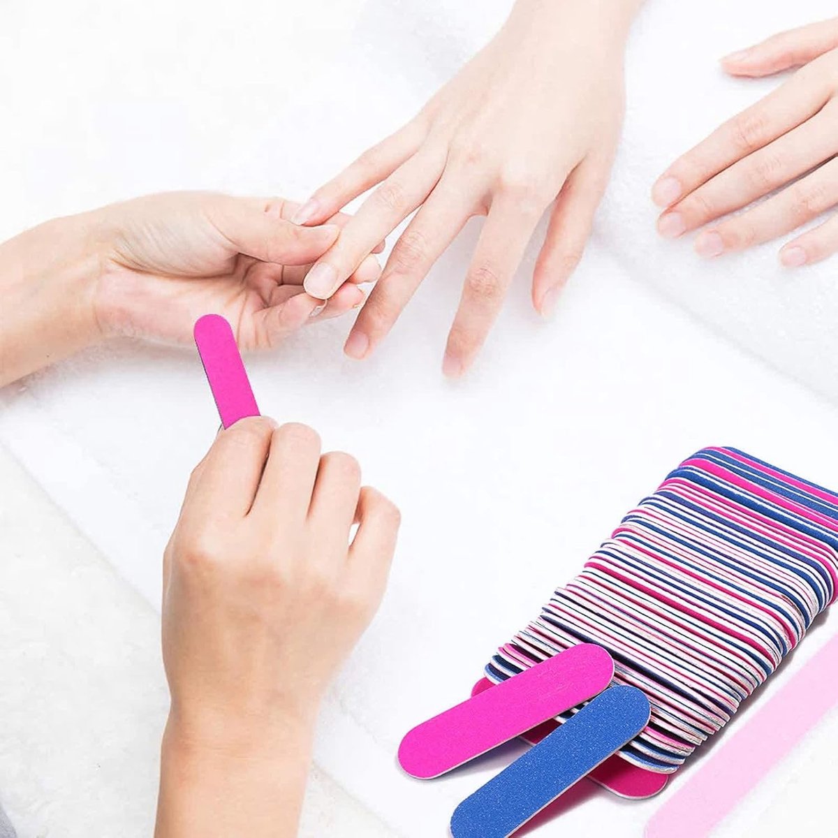 100 pieces - Sanding strips - Nail file - Mini wood file - Shaping nails - nail sanding strips - mini nail file - nail file set - mini nail files - manicure instruments - manicure - for home and salon use - 180/240 grit - 5*1.3 cm - pink, blue