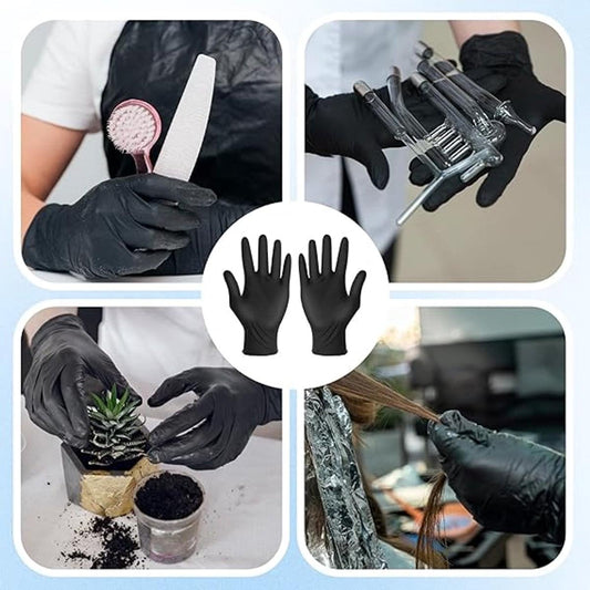 Black cleaning gloves collage showing multiple pairs and a single glove