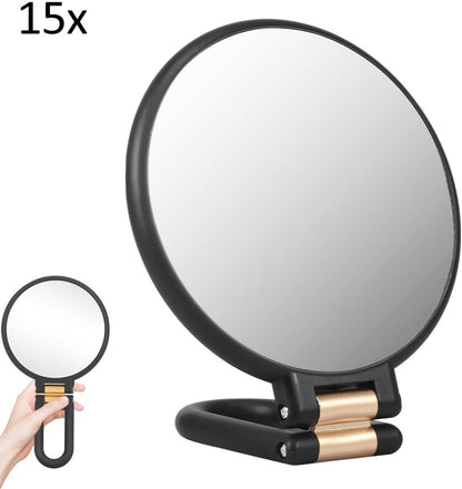 15X Magnifying Mirror - 24*14 cm - Hand Mirror with Folding Handle - Travel Magnifying Mirror with Handle - Double-Sided Magnifying Mirror - with 15x/1x Magnification - Portable Makeup Mirror - Multifunctional Hand Mirror - Black