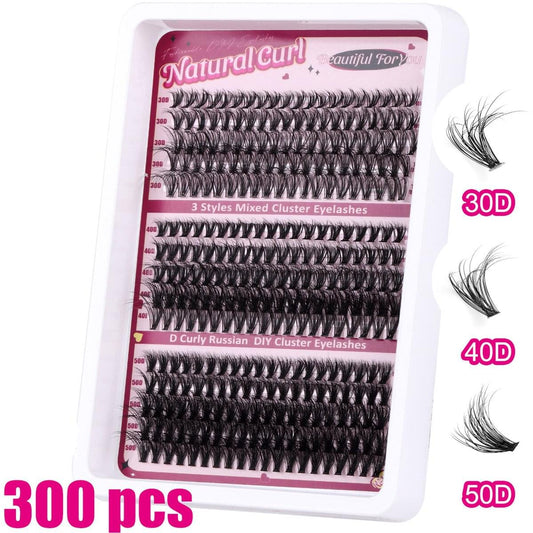 Pre-made eyelash extension cluster tray with mixed D-curl fans (30D–50D)
