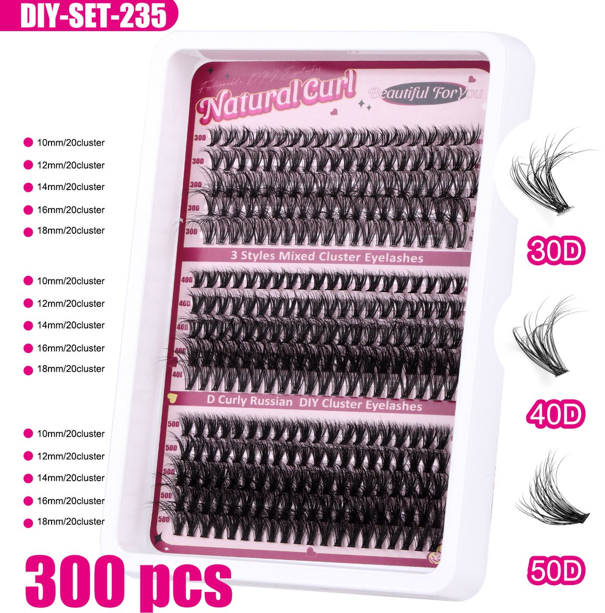 False eyelashes - 300 pieces - 30D + 40D + 50D - 10-18 mm D curl - Pre-Made Volume Fans - Pre-Made Fans - Eyelash extensions - Cluster - Lashes - Natural - Pieces of lashes - DIY lashes