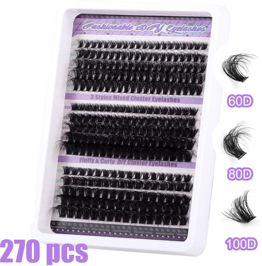 Pre-made volume eyelash fan set with black clusters in 60D, 80D, 100D (270 pcs)