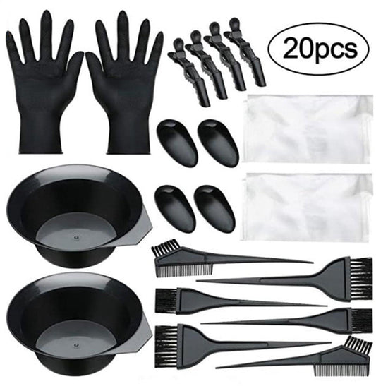 Hair dye brush set with black gloves, mixing tray, and applicator brushes, 20-piece
