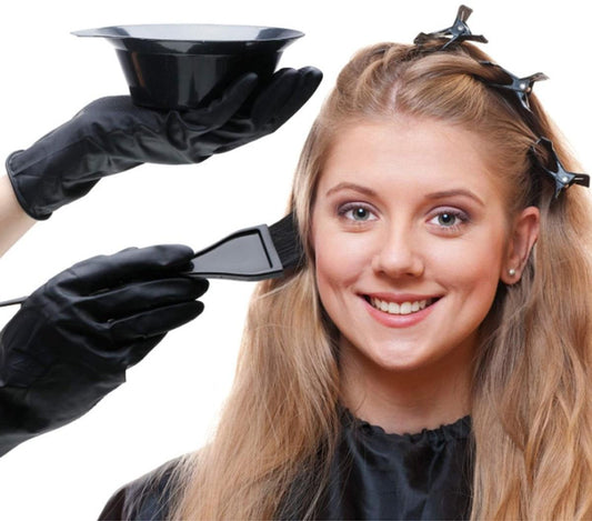 Hair dye brush set with black gloves and applicator tools, worn on model