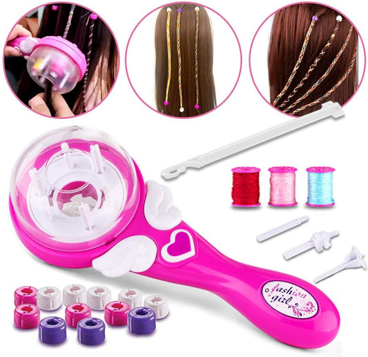 Pink electric hair braiding machine with drum, clips, and colorful hair thread spools