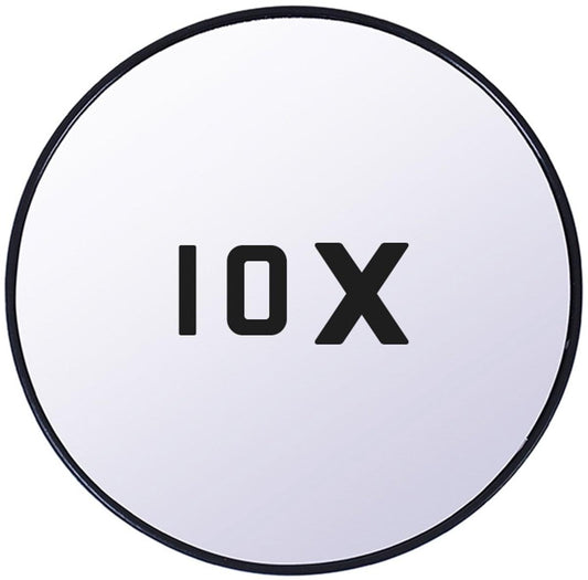 10X round magnifying mirror, black rim, clear reflective glass