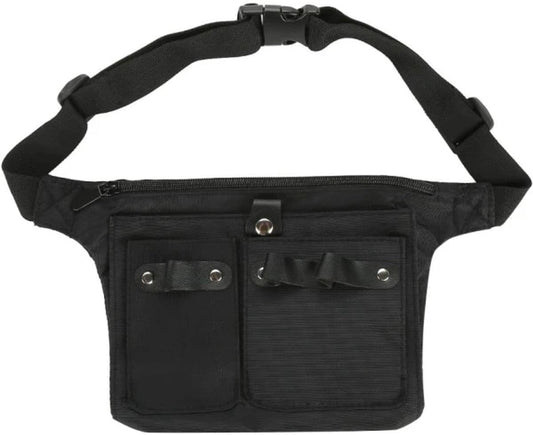 Black canvas belt bag with zipper front, two pockets, and adjustable waist strap