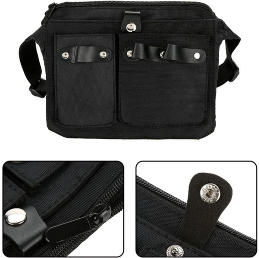 Black canvas belt bag with two snap pockets and metal rivet details