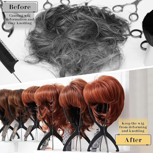 Black portable wig stand with mannequin head, holding a red-brown wig
