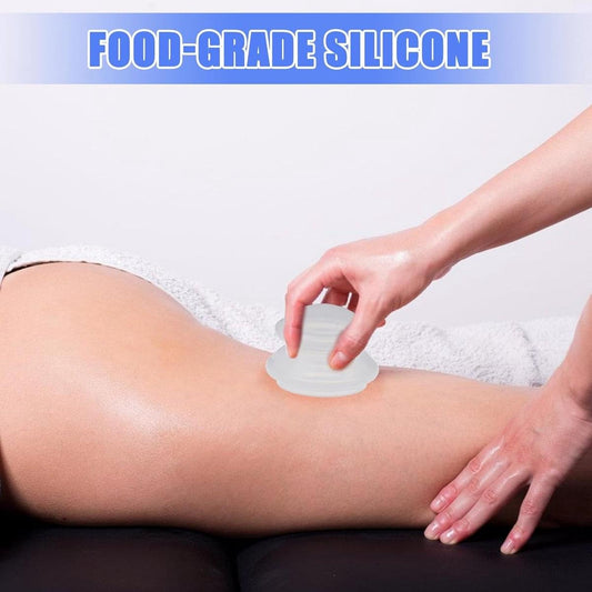 Transparent silicone cupping cup applied to leg with hand pressing