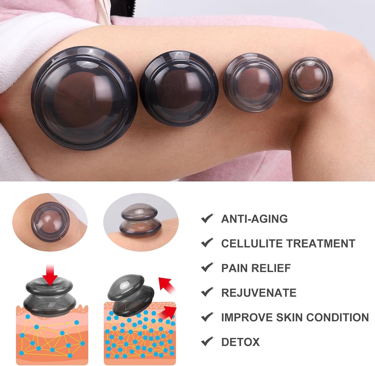 4 pieces silicone cups - Cupping cups - Cupping Set - Cellulite Cups - Cupping For Cellulite - vacuum cup - For reducing cellulite anti-aging relieves pain and joints for buttocks, neck, body - Transparent