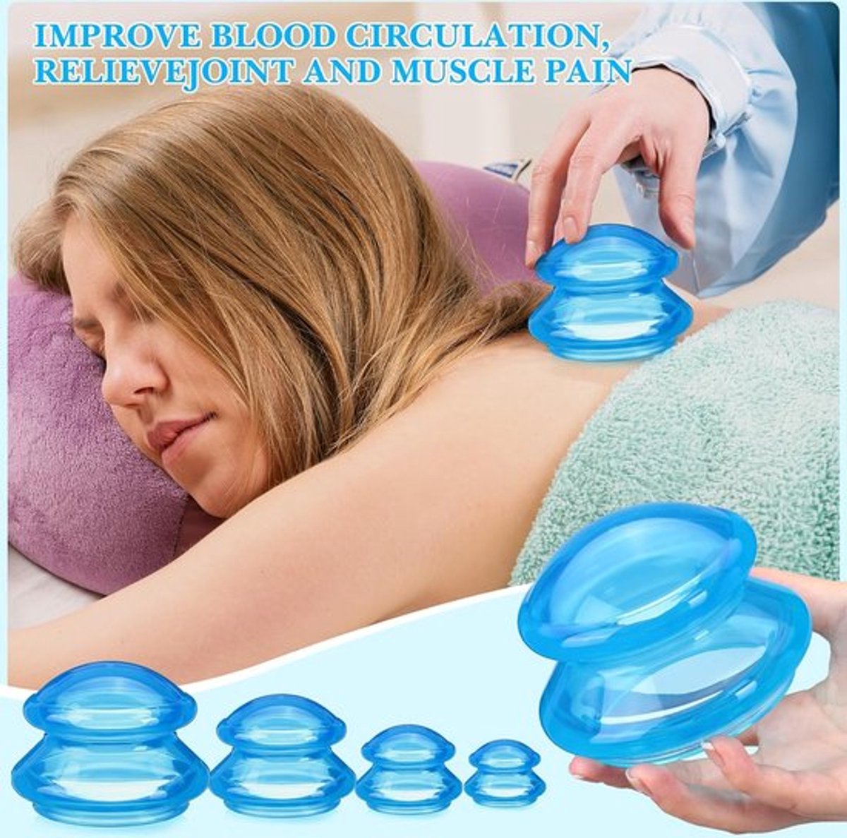 4-piece Cupping cup - Cupping cups - silicone cups - Cupping Set - Cupping For Cellulite - vacuum cup - For reducing cellulite anti-aging relieves pain and joints for buttocks, neck, body - blue