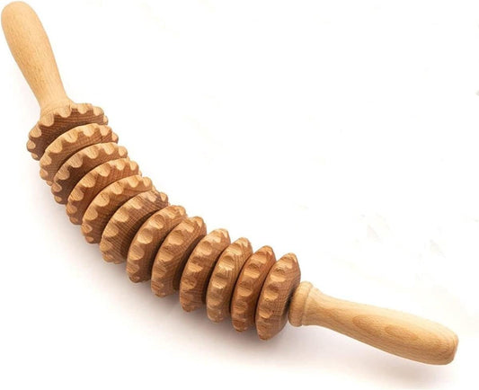 Curved wooden massage roller with ridged disks along the handle
