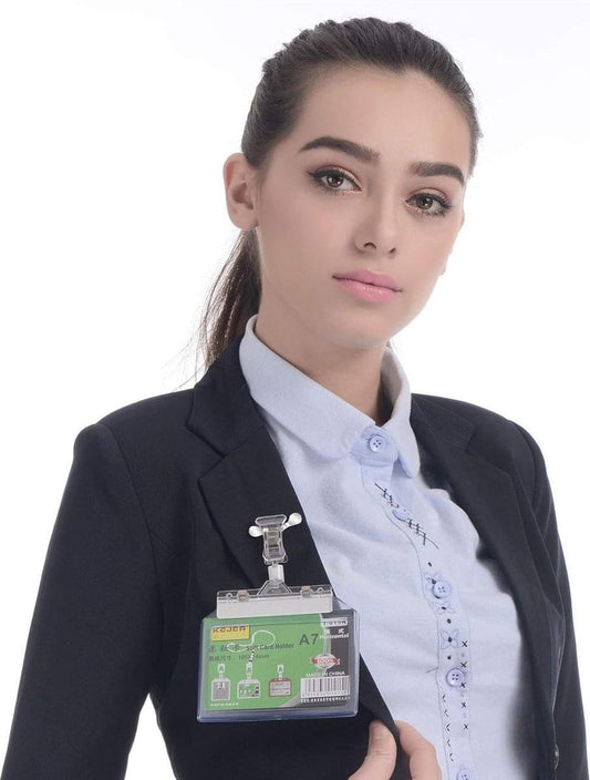 Silver magnetic clip on metal ID badge holder attached to clothing