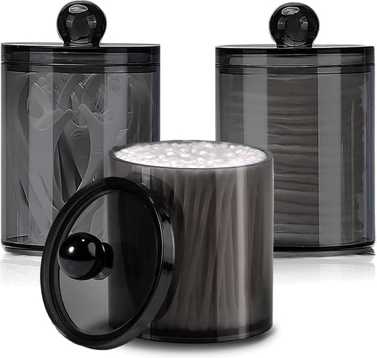 Set of 3 black clear cotton pad, swab, and ball holder jars with lids