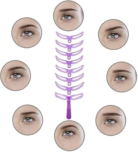 Purple plastic 8-piece eyebrow stencil with curved guide shapes and handle
