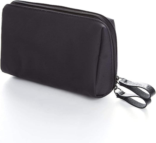 Black zippered waterproof toiletry bag with side wrist strap, compact makeup case.