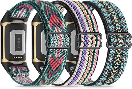 Set of elastic nylon watch bands with black buckles, multicolor woven straps.