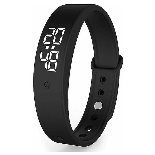 Black vibrating alarm watch with digital time display and silicone strap