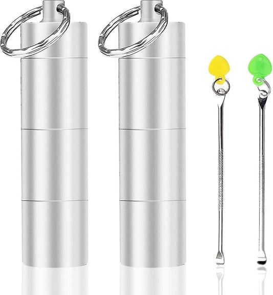Silver metal pill organizer cylinder with clasp and key ring, 3-compartment design