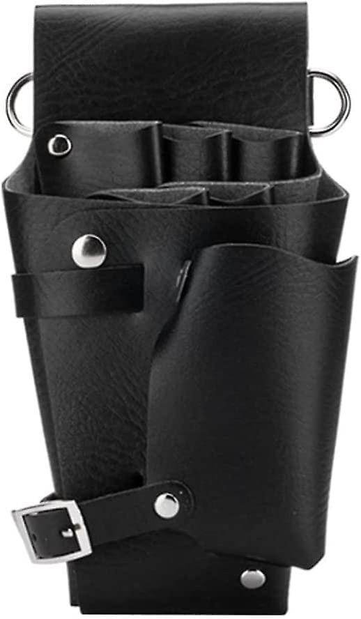 Black leather salon waist bag with multiple tool pockets and metal grommets