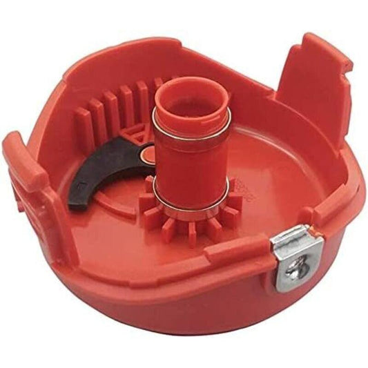 Trimmer bobbin cover, red plastic housing with central spool tube and mounting tab