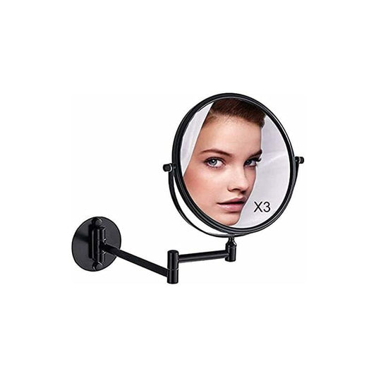 Black wall-mounted makeup mirror with round swiveling frame and X3 magnification label