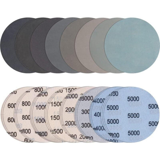 Set of round wet-dry sanding discs, layered in varying grits from 600 to 5000