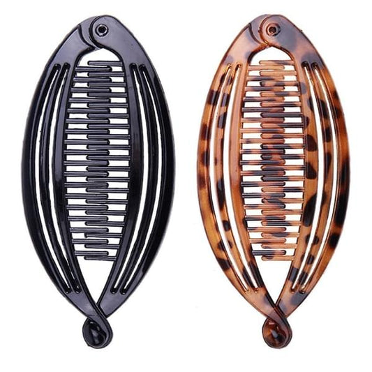 Banana hair clip, braided design, dark & tortoiseshell, comb teeth