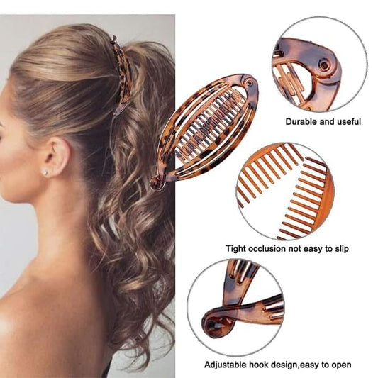 Tortoiseshell banana hair clip with comb teeth and hook, braided style