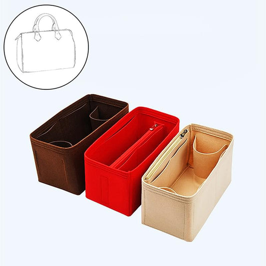 Felt bag organizer inserts in brown, red, and beige, each with inner dividers