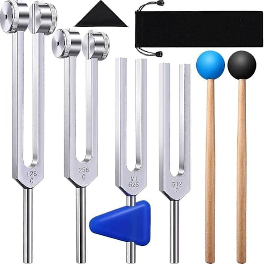 Tuning fork set with four silver forks, blue and black wooden mallets, soft case