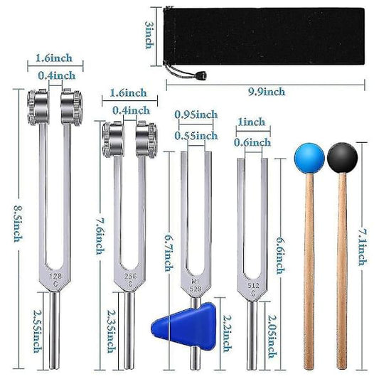 Tuning fork set with four silver forks and blue and black wooden mallets with case