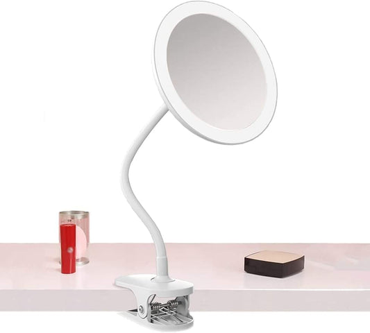 Clip-on magnifying makeup mirror with LED ring, white gooseneck stand