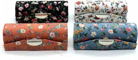 Floral lipstick cases set: orange, black, white, and blue prints with metal clasps