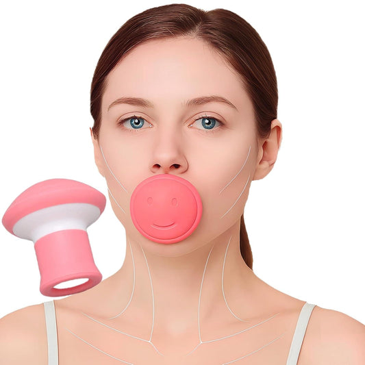 Pink facial exercise device with round mouth pad and neck strap cords