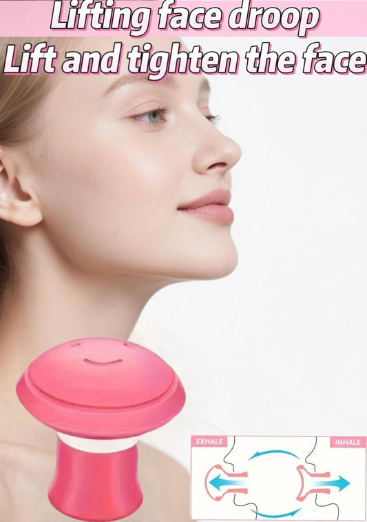 Pink jaw exerciser with domed face pad, worn at the chin