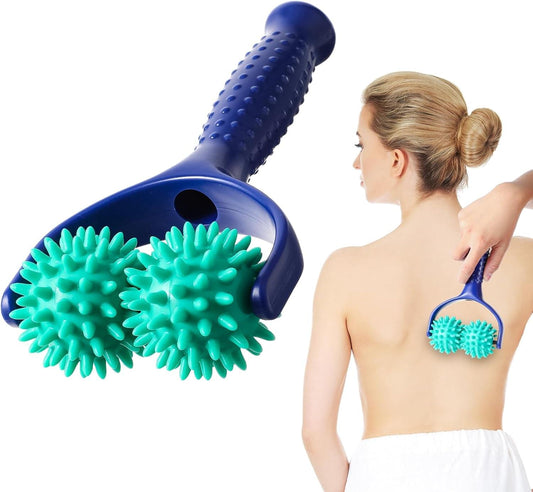 Handheld spiky massage roller with blue handle and teal silicone spiked wheels