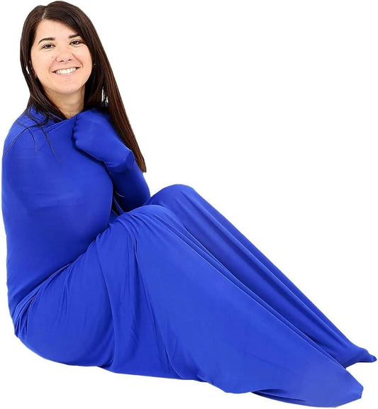 Blue sensory body wrap with long sleeves and tapered ends