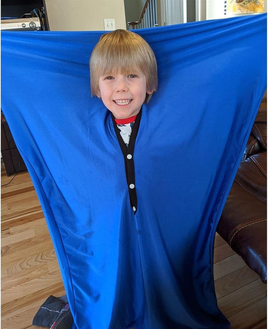 Blue body wrap tunic with black button front and collar