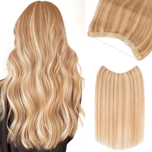 Halo hair extensions set: wavy blonde bundle with invisible wire band
