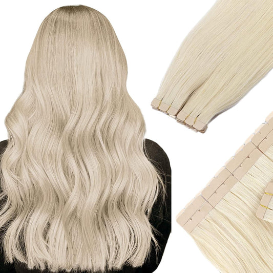 Platinum blonde straight tape-in hair extensions with skin weft tape strips