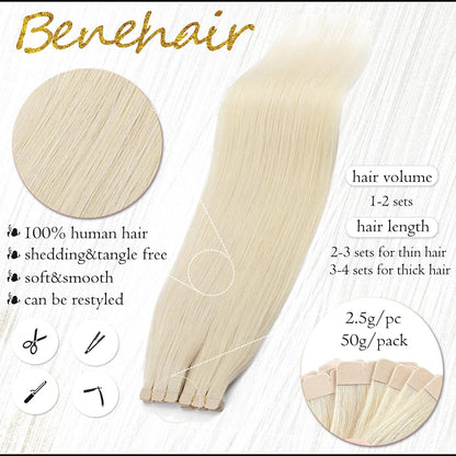 Tape in Hair Extensions Human Hair Platinum Blonde 18 Inch 20pcs 50g/pack Straight Hair Extensions Tape in Seamless Skin Weft Tape in Natural Hair for Women(#60 Platinum Blonde, 18")
