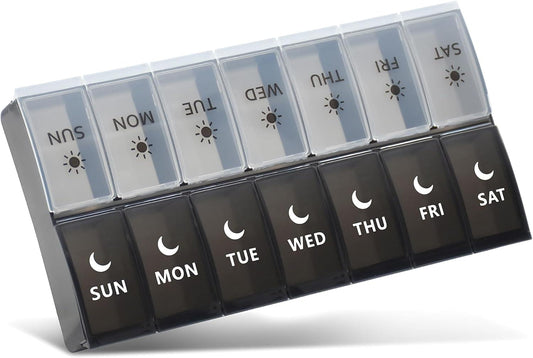 7-day AM/PM pill organizer, black base with clear hinged lids and day labels